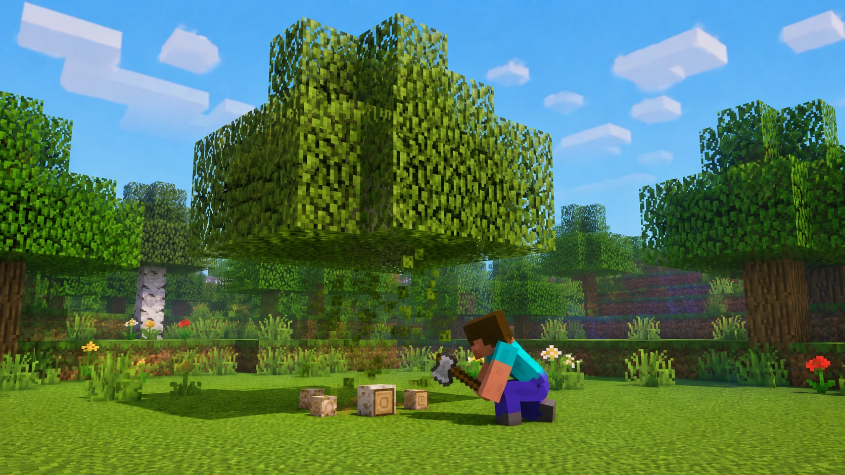Personaje agachado talando el árbol completo con Tree Chopper