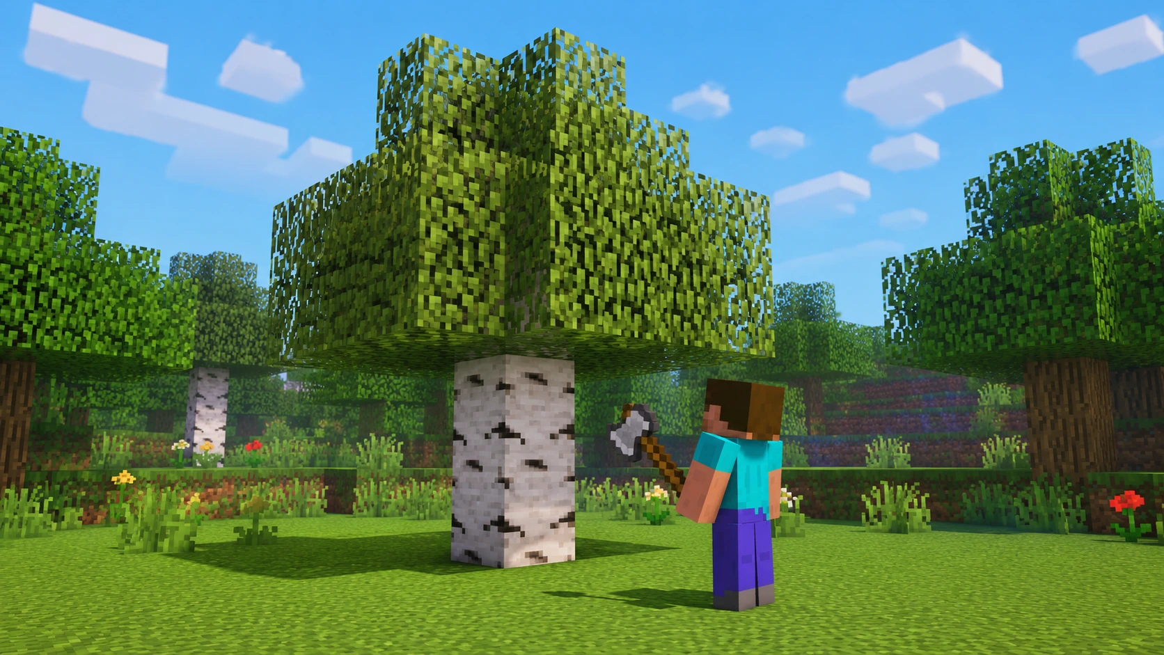 Un árbol de abedul intacto y un personaje con hacha antes de usar Tree Chopper